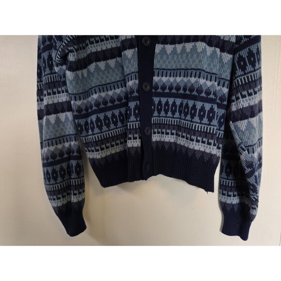 VTG Sears Cardigan Sweater Mens M Knit Buttons Geometric Blue Grandpa Fair Isle - Picture 3 of 7